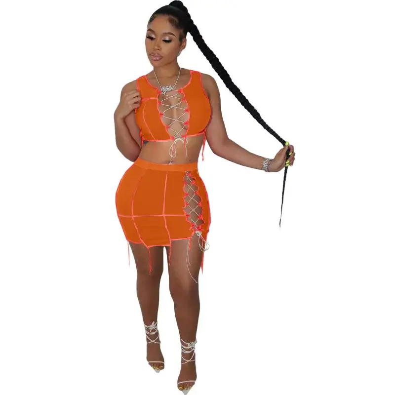 

2021 New arrival summer women bandage top and skirt 2 piece short set plus size two piece set