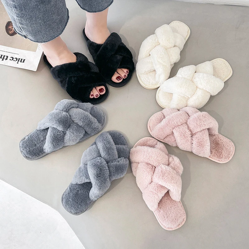 

MMX318 Ladies Classic Furry Slippers Solid Color Women Fashion Winter Indoor Slippers, White pink grey green blue