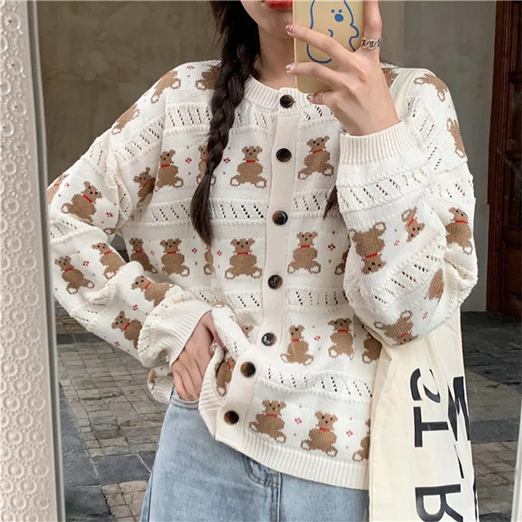

2021 new sweater girls loose wear students cute bear retro knitting cardigan college style, As picture