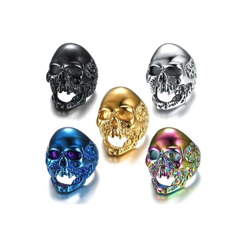 

High Quality Hot Selling American European Jewelry Fashion Mens 316L Stainless Steel Skull Head Skeleton Rings, Gold,silver,black,blue,multi