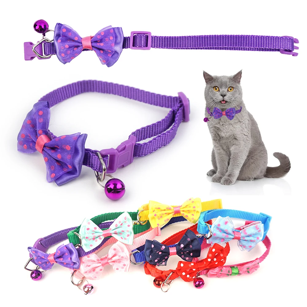 

Wholesale High Quality Cute Colorful Adjustable Cat Pet Collar Bow Tie with Bell, Pink, blue, green, purple, red, etc.