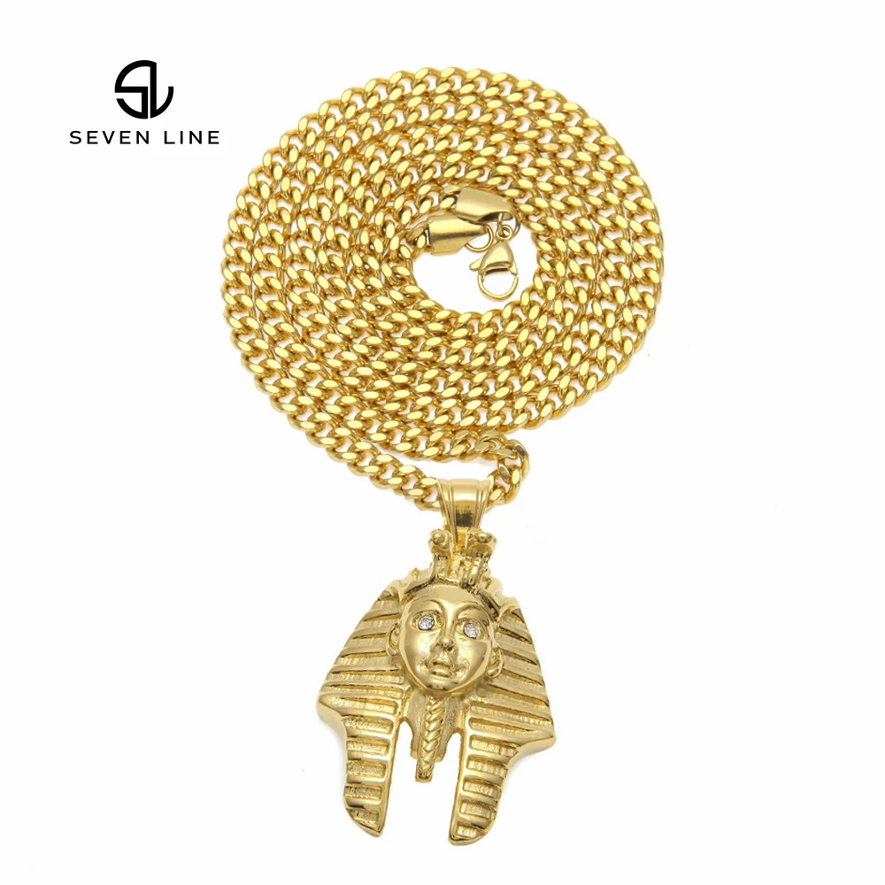 

Hip Hop Stainless Steel Three-dimensional Pharaoh Head Eye Diamond Pendant Color Preserving Egyptian King Necklace