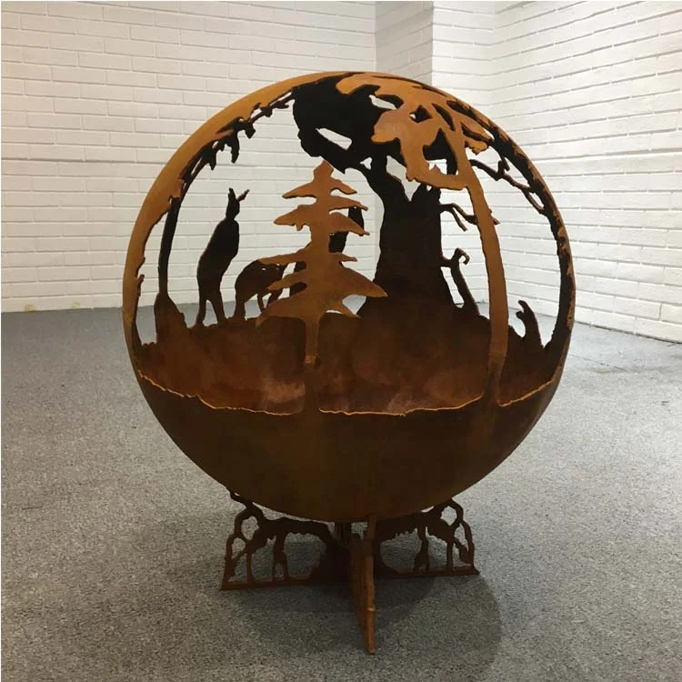 

Laser Cut Warming Manual Corten Steel Outdoor Kangaroo Sphere Fire Pit Ball, Pre-rusted
