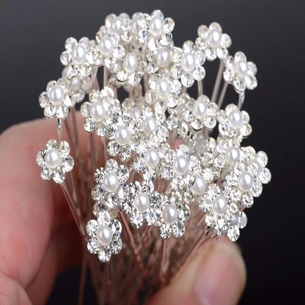 20Pcs Fashion Wedding Bridal Pearl Flower Clear Crystal Rhinestone Hair Pins Clips Bridesmaid Hairwear Jewelry Hair Accessories