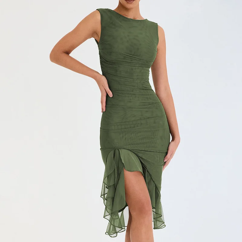 Hot Selling Sexy Sleeveless Bodycon Mesh Midi Party Dresses