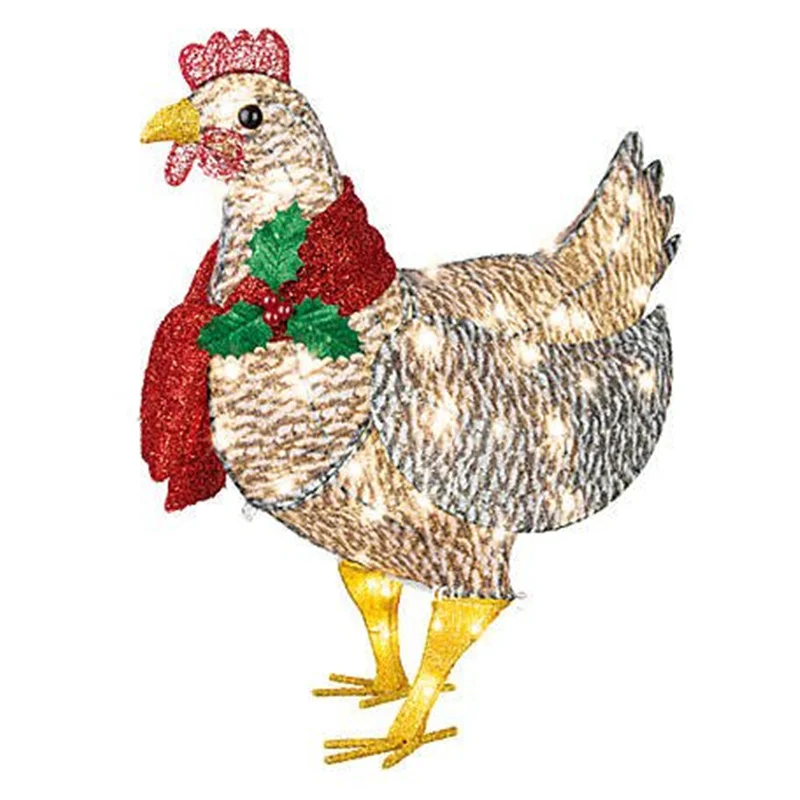 

Light Up Chicken with Scarf Holiday Decoration Metal Chicken Christmas Ornaments With Lights Rooster Garden Stakes Lawn Outdoor