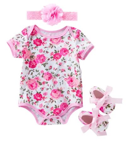 

Factory Direct Sale Summer Short-sleeved Baby Girl Rompers+Toddler Shoes+Headband Rose Print Cotton Baby's Clothes Supplier, Picture shows