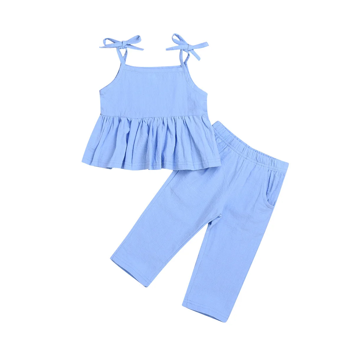 

OEM Sweet Lovely Two Piece Clothing 2021 Summer New Fashion Suit Pure Color Suspender Top and Tousers Children Clothes