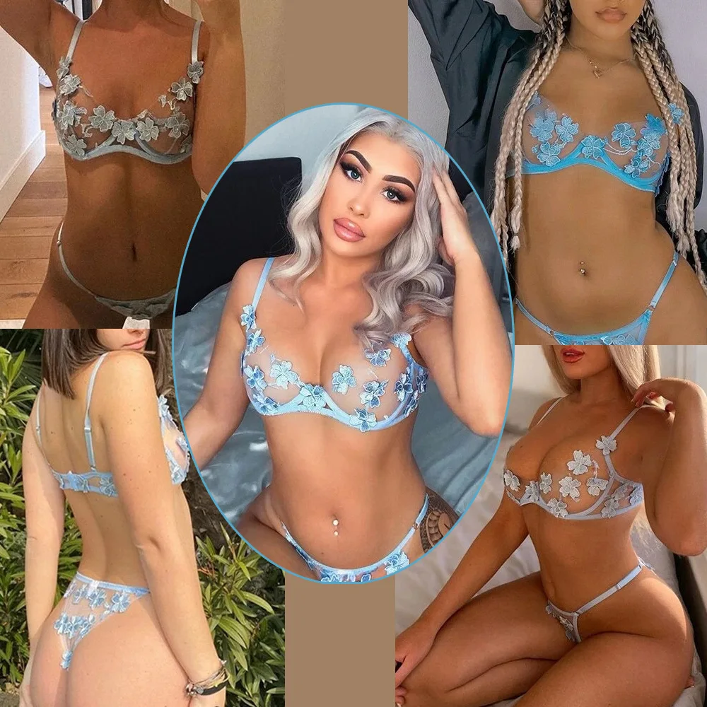 

2021 ladies panties and bra printed polyester fabric transparent bra Female transparent bra panty set, 8 colors