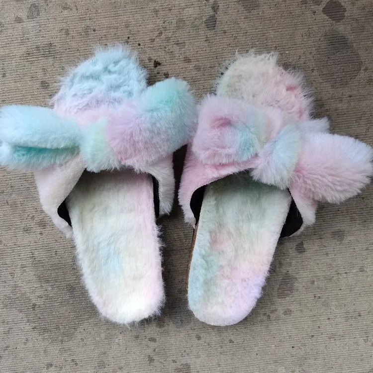 

Cute Fur Bowknot Big Size 43 Soft Fluffy Open Round Toe Female Outside Slides Thick Sole Summer Women Slippers Women's Shoes, Zebra,leopard,mixed