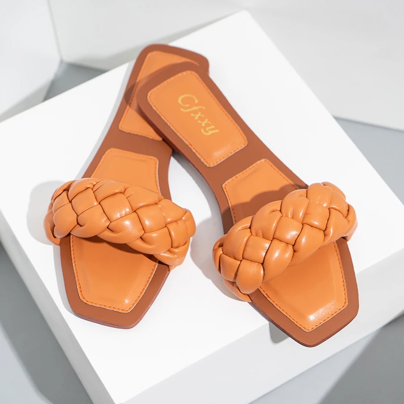 

2021 Ins Hot Latest Design Flat Ladies' Flip-flops Slippers Women's Sandals Summer New Casual High Quality Leather PVC 2 Pairs, Green, black beige, orange and khaki