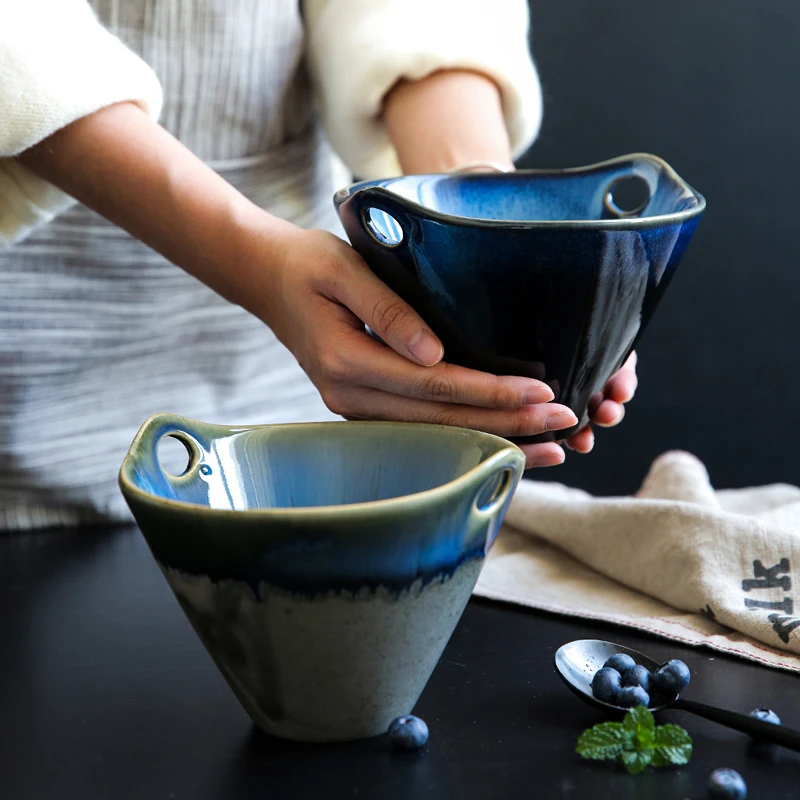 Japanese Blue Chopsticks Rack Glazed Deep Noodle Ceramic Bowl