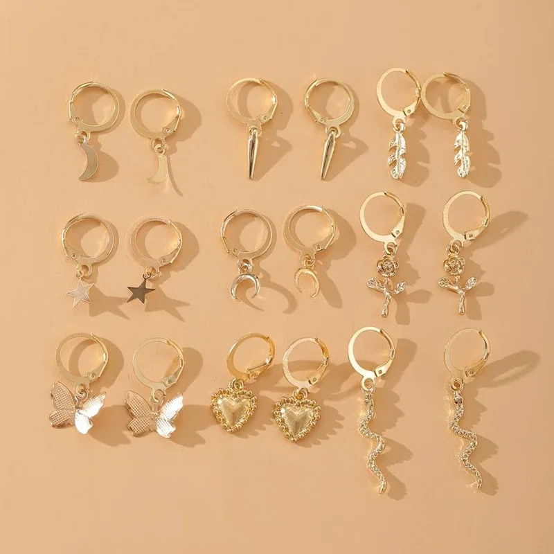 

Gold Silver Small Hoop Earrings Pack with Charm Butterfly Flowers Star Moon Snake 9Pcs Mini Hoop Dangle Earrings Sets for Girls