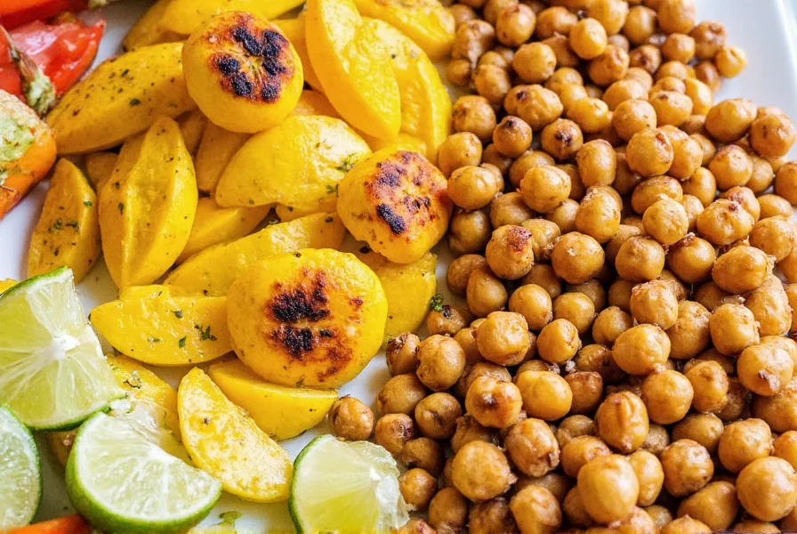 Colorful array of foods seasoned with chili lime including grilled corn, mango slices, and roasted chickpeas
