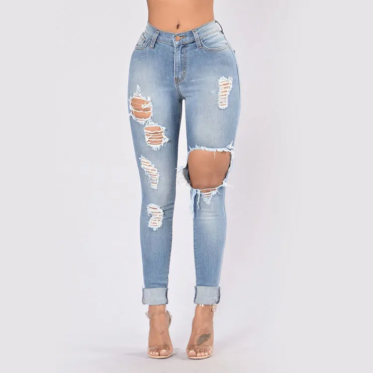 

Women Fashion Ripped Jeans High Waist Big Hole Elastic Long Pencil Pants Tight Trousers Jeans