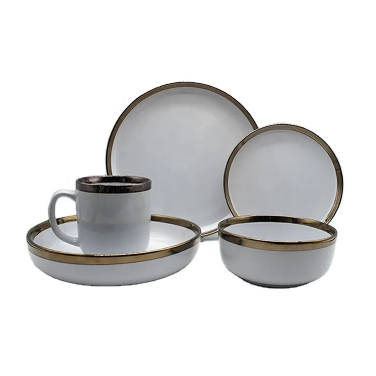

Custom Glazed Metal Edge Dinner Set for 30 Pcs Stoneware Dinnerware Plate Bowl Side Plate Mug Western Modern Style, According to customer requirements