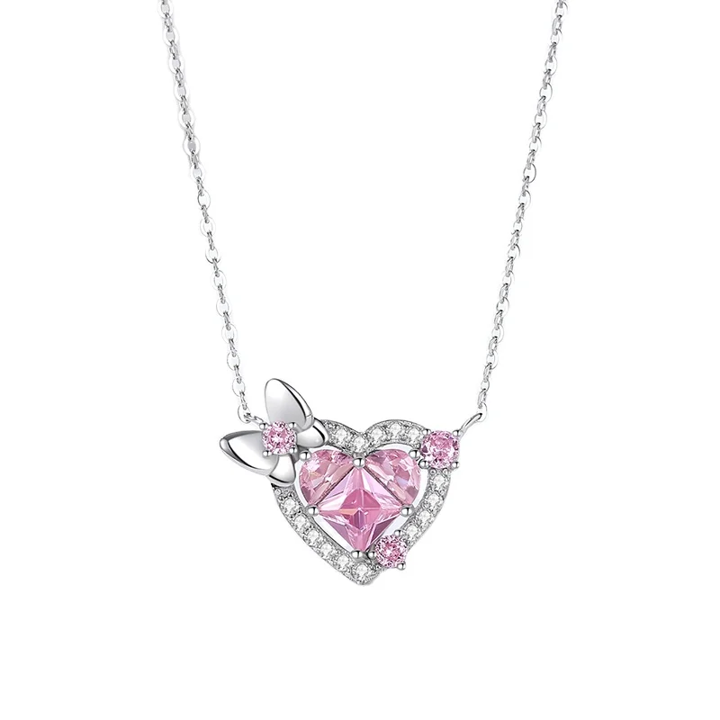 

Dainty fancy 925 sterling silver fine jewelry pink diamond zircon pave heart bow earrings pendant necklace