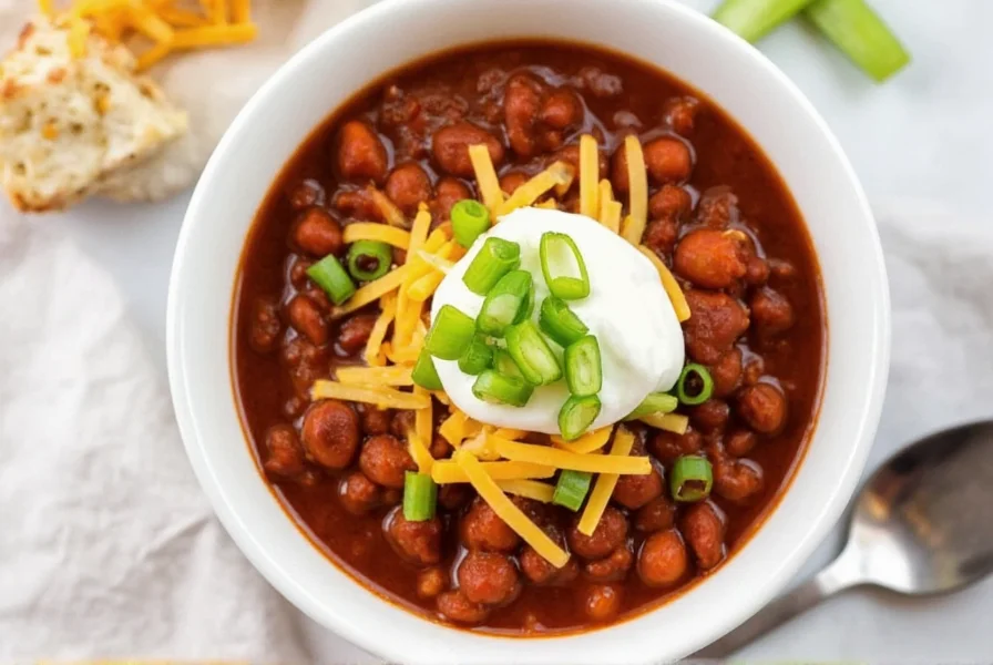Finished bowl of slow cooker chili topped with sour cream, cheese, and green onions