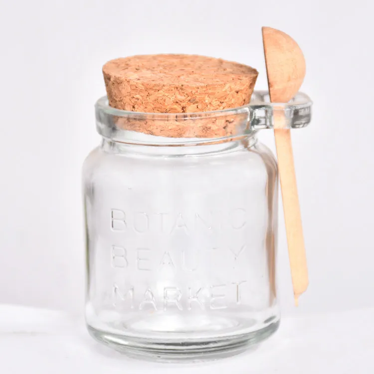 

Wholesale glass jar with cork lid & wooden spoon, Transparent