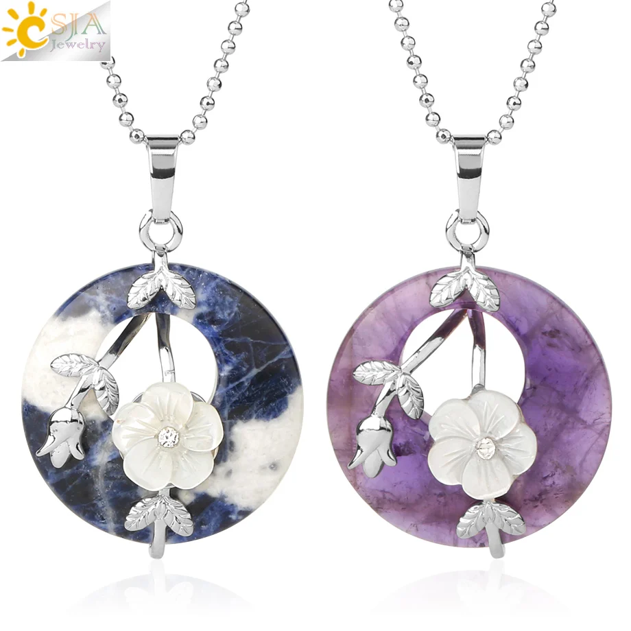 

CSJA new natural stone mother necklaces zinc alloy carved flower leaf turquoises healing crystal pendant jewelry necklace G385