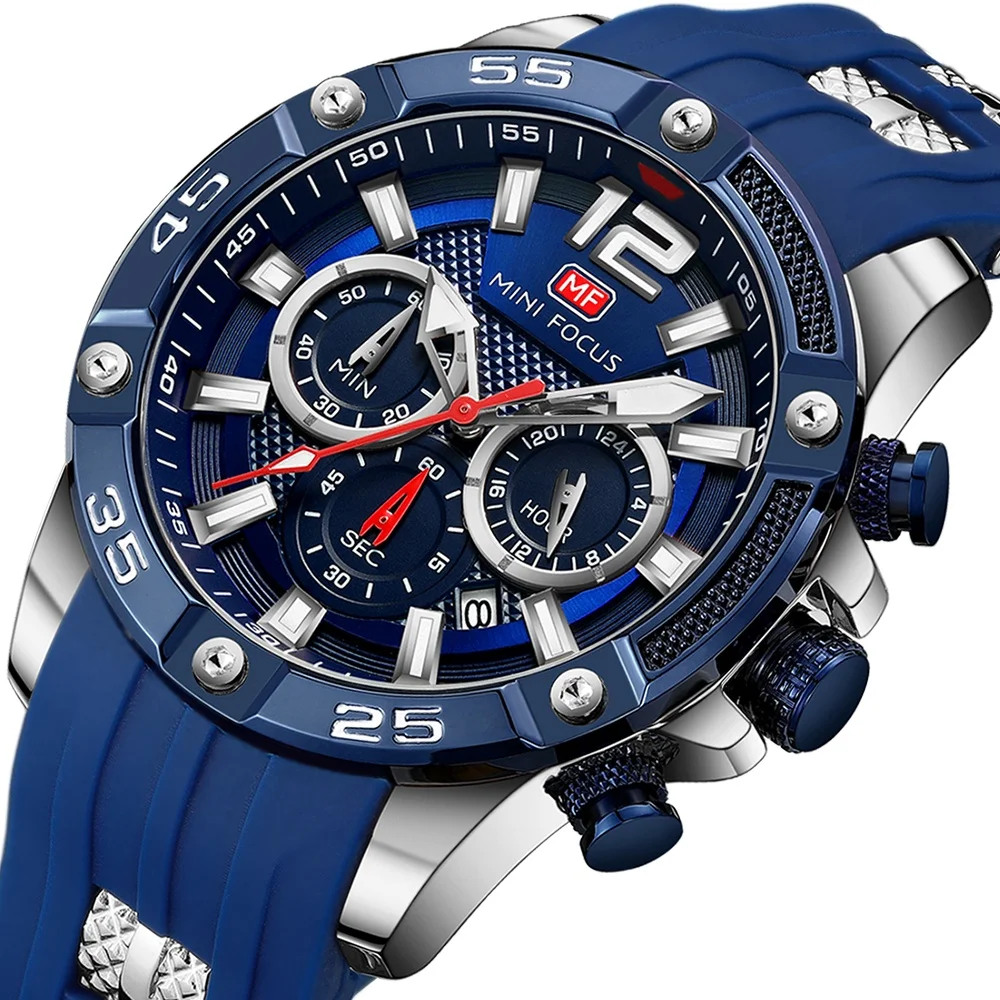 

MINIFOCUS Waterproof Quartz Blue Silicone Strap Watch Relogio Masculino, 6 color options