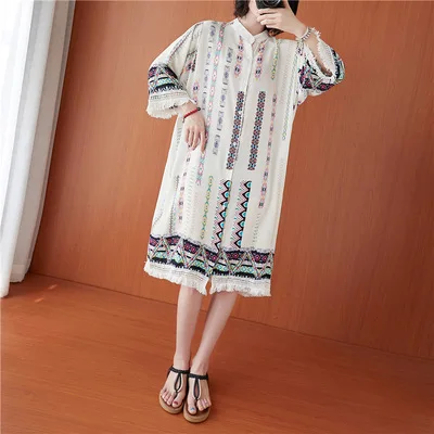 

Factory wholesale summer plus size new women plus size ethnic style three-quarter sleeves fringed mid-length shirt dress