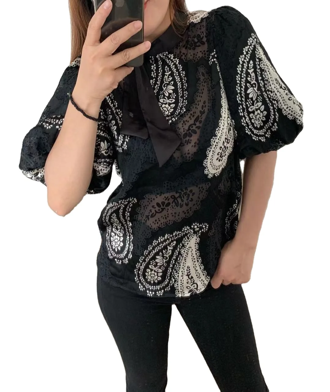 

Ready to Ship Womens Blouse in see-through Burn-out fabric In-stock ladies top, Black