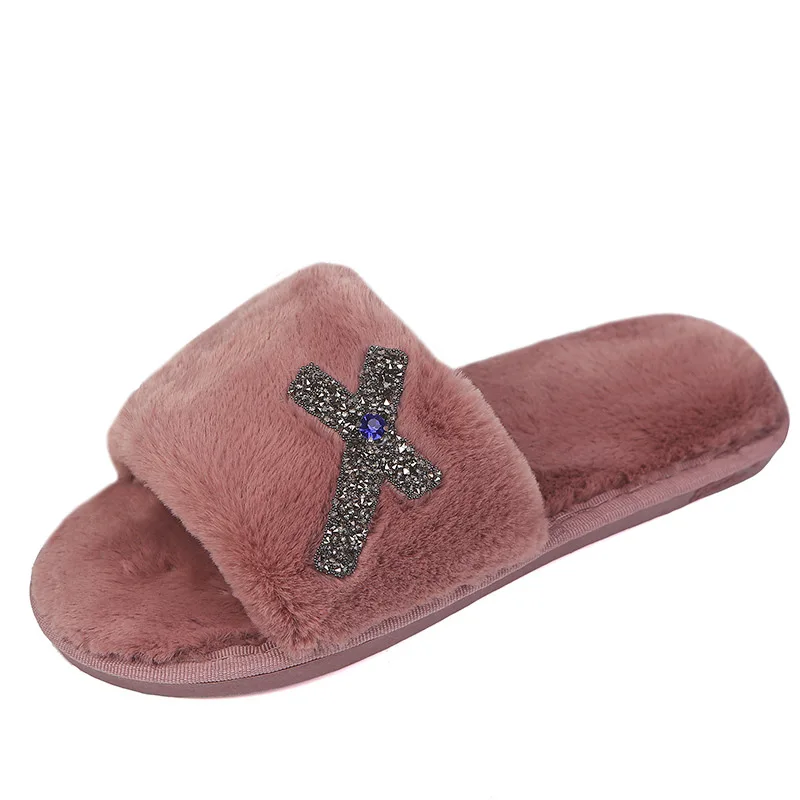 

2021 explosive custom logo ladies rhinestone fuzzy plush indoor slides slippers fur women fluffy furry house slippers