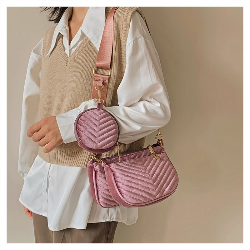 

3pcs group ladies set shoulder bag trendy striped plush messenger bag for women, Black/pink/blue/green/purple/gray/claret-red/red
