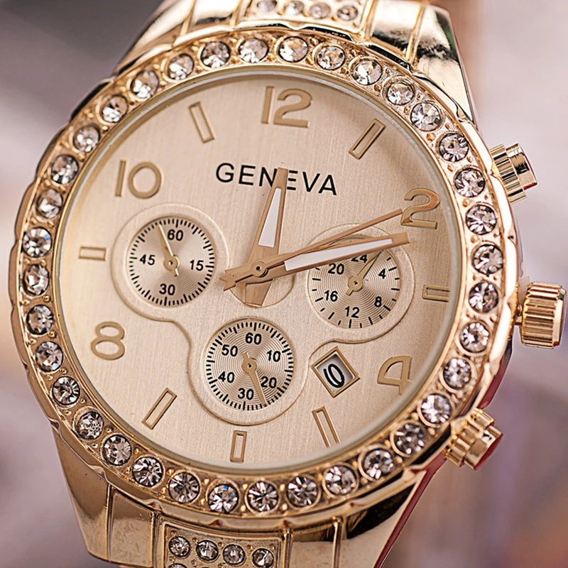 

Luxury Brand Geneva Women Watches Fashion Rhinestone Stainless Steel Ladies Quartz Wrist Watch Female Clock Gift Reloj Mujer, 3 colors