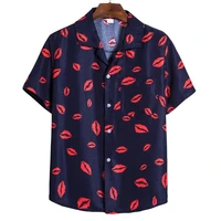 

Popular Lips Print Casual Summer Men Short Sleeve Turn-down Collar 100% Cotton Hawaii Beach Mens Summer Shirt