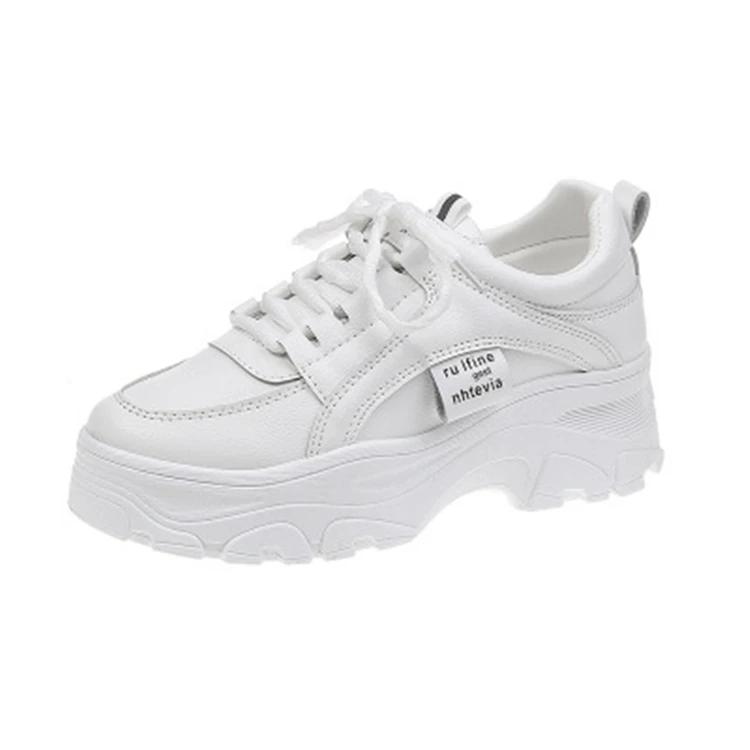 

white color thick bottom increased running sports shoes for women ladies, White/beige