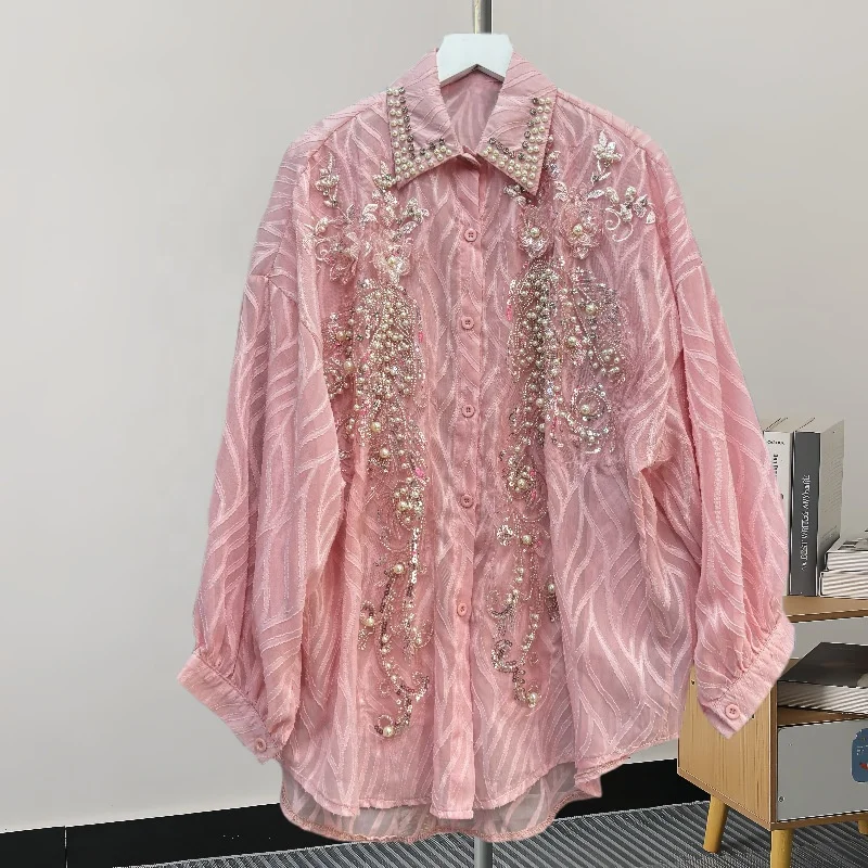 OUDINA French Casual Beaded Diamond Long Sleeve Top