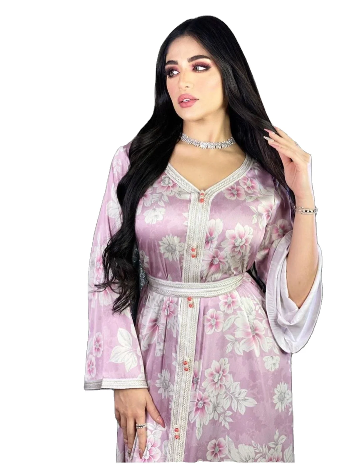 

GH- AB038 Dubai Jalabiya Pink Floral Muslim Long Dress Abaya Kaftan Caftan Arab Jalabiya Dubai Fashion