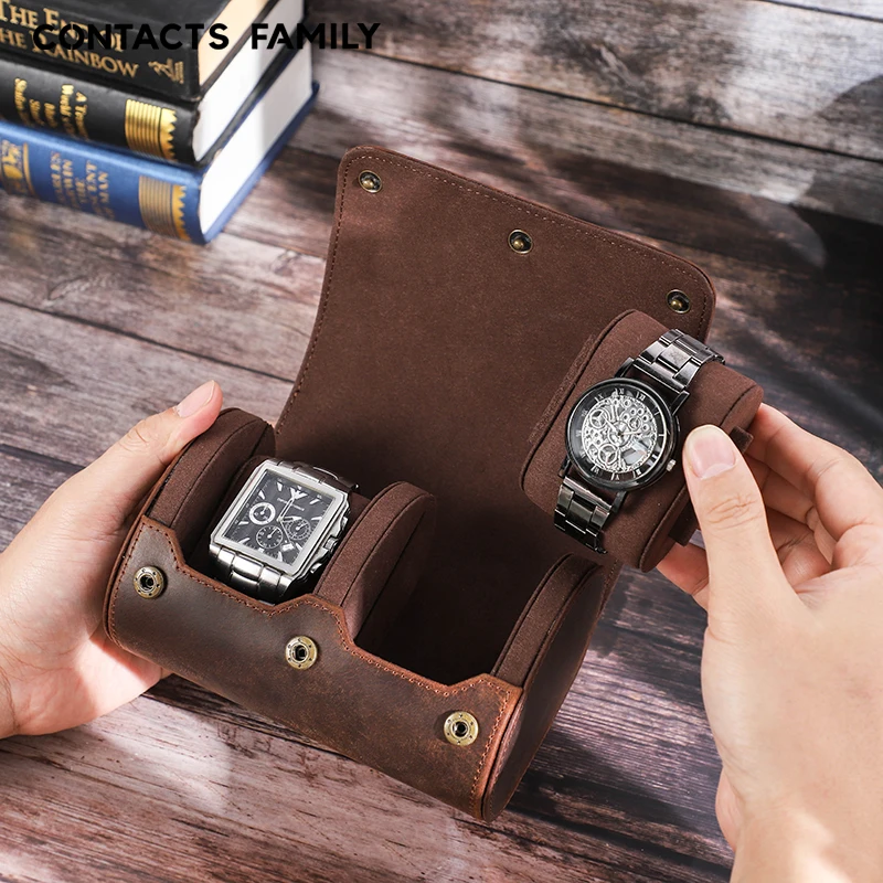 Portable 2 Slot Watch Display Storage Organizer Vegan Real Leather Travel Watch Roll Case with Independent Sliding Pillow in out