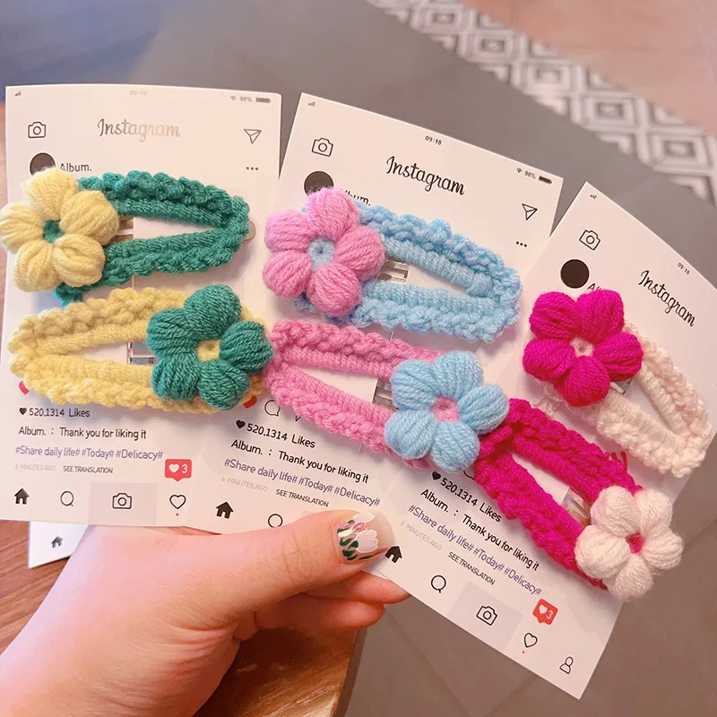 

Korean New Hair Accessories Girls Handmade Crochet Flower BB Clips Hairpin 2 pcs / Card Simple Ins Hand Knitted Hair Clip