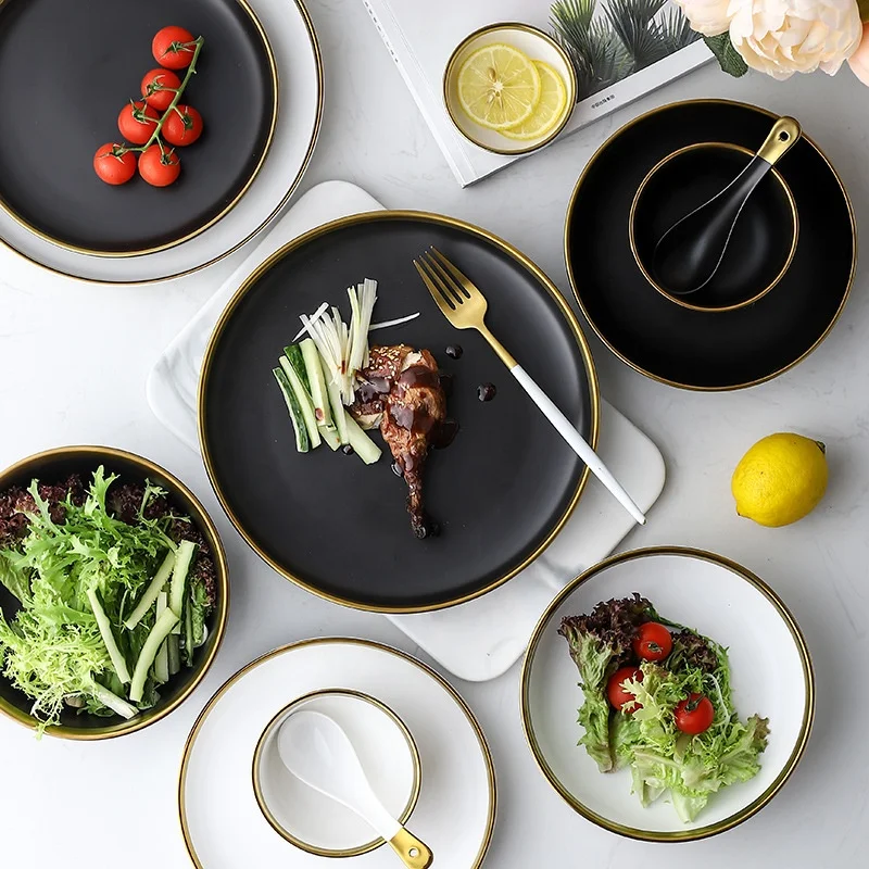 

White Color Glazed Tableware Plates Gold Rimmed Ceramic black round Dinnerware Sets, White,black