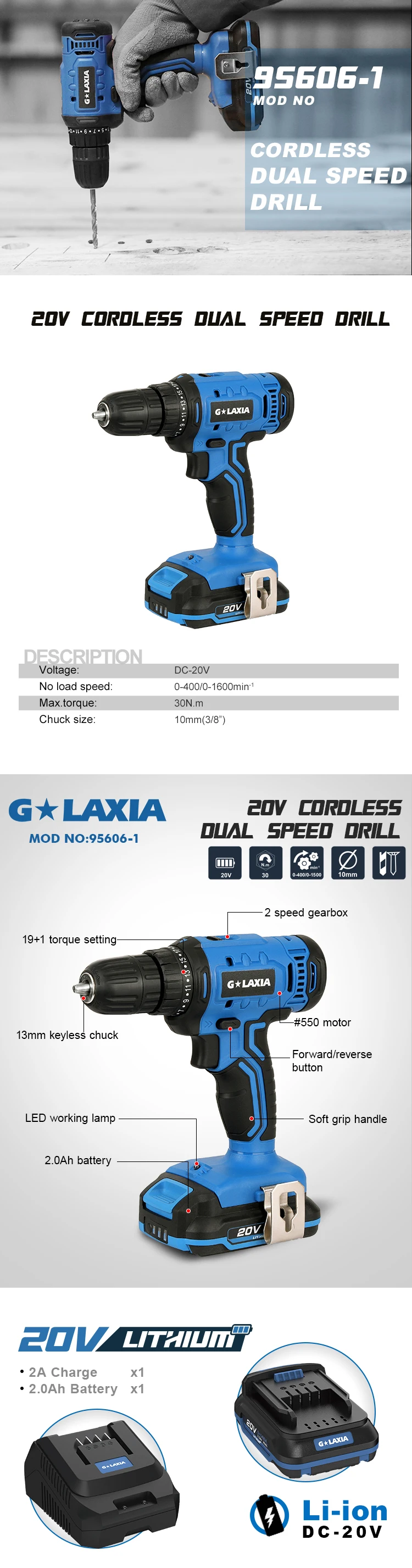 Galaxia Cordless Drill 20v Spindle Lock 2 Speed Selector Keyless Chuck With Led Work Light