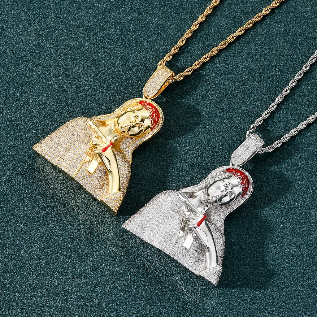 

Punk Micro Paved CZ Diamond Virgin Mary Pistol Dripping Blood Pendant Necklace Hip Hop Accessories for Men, Silver, gold