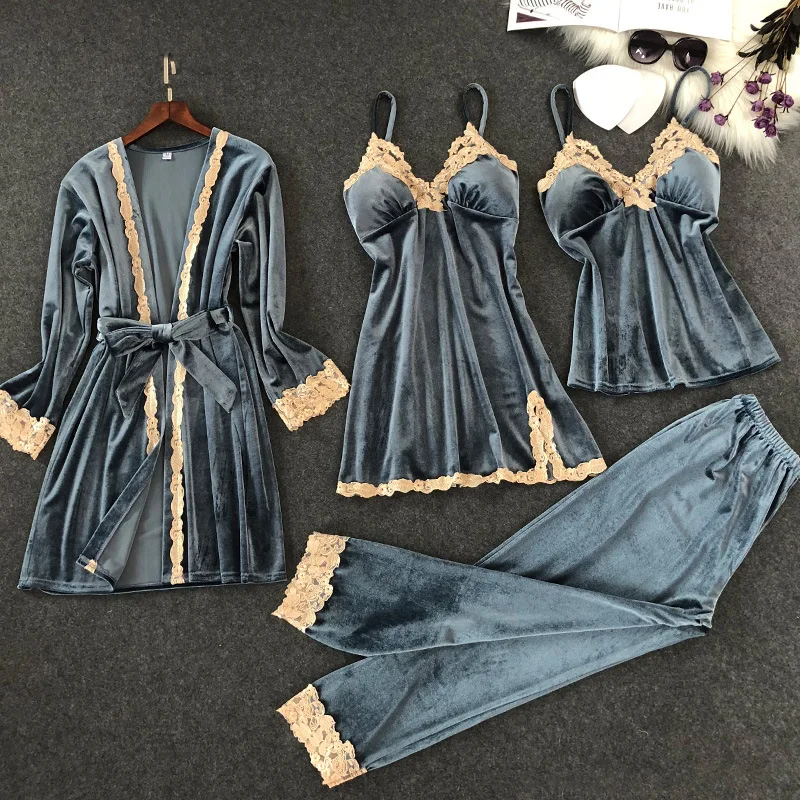Sleepwear Pijamas Winter Women Velvet Nightwear Pyjama Warm Pajamas With Push Up Pads