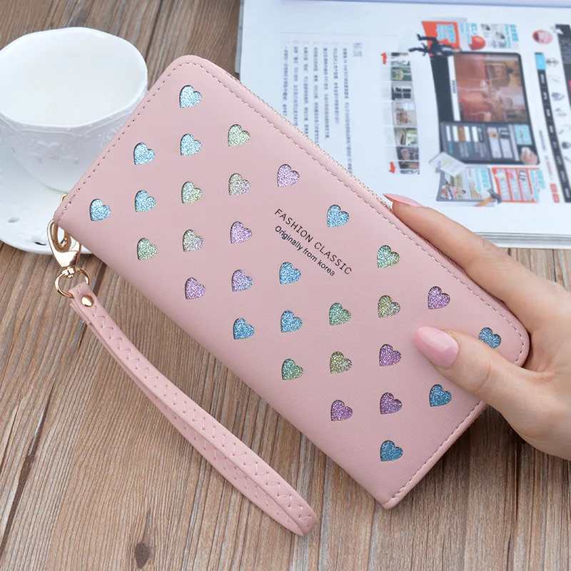 

Hot New Fashion Women Wallets Long Zipper Large Capacity Mobile Phone Bag Love Color Hollowed Out Clutch Luxury Brand Coin Purse