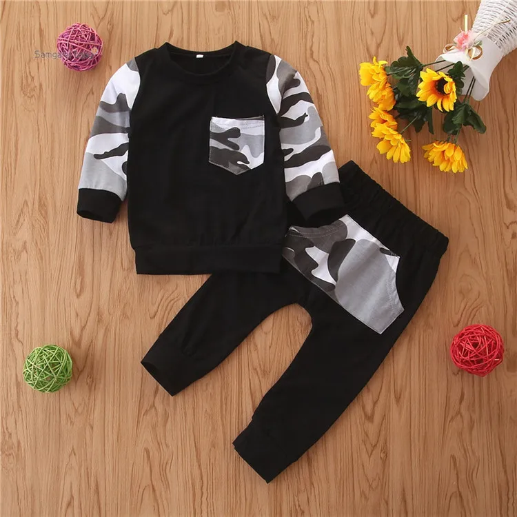 

Boys Fall Clothes Sets Pullover with Pockets+Camouflage Pants 2Pcs Kids Clothing Outfit Spring Children Wear Fashion Casual, Black