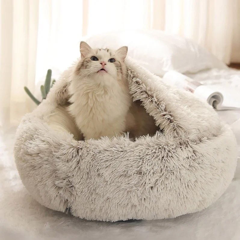 

Semi-enclosed Plush Pet Dog Cat Bed Round Faux Fur Donut Cat Sleeping Cushion, Picture