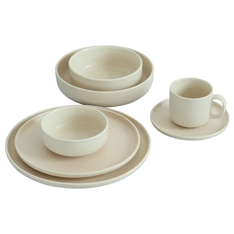 

Japanese style round shape matte glaze ceramic plates dinnerware sets for home restaurant use, Light yellow