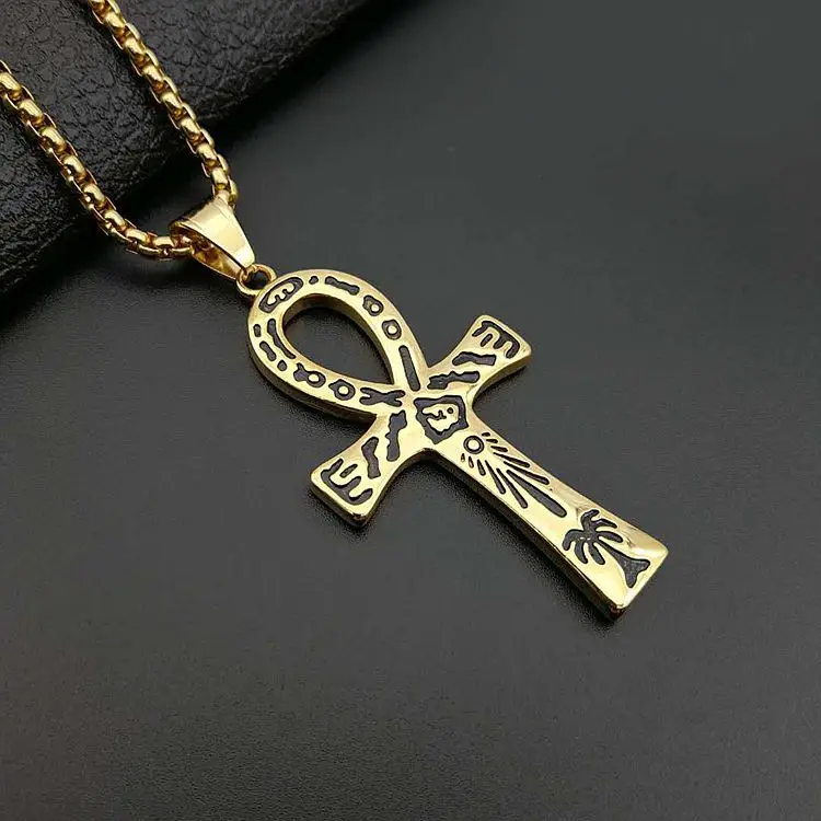 

Hip hop 18K gold plated stainless steel egyptian ankh cross necklace