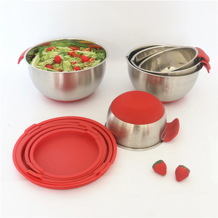 

Tableware set food grade plastic stainless steel silicone nested storage mixing salad bowl set with airtight lid