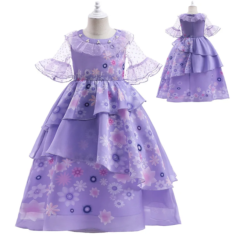 

Anime Encanto Cosplay Isabella Purple Dress Girls Princess Costume Children Fancy Dress Thin sheer short sleeved floral dress, As shown