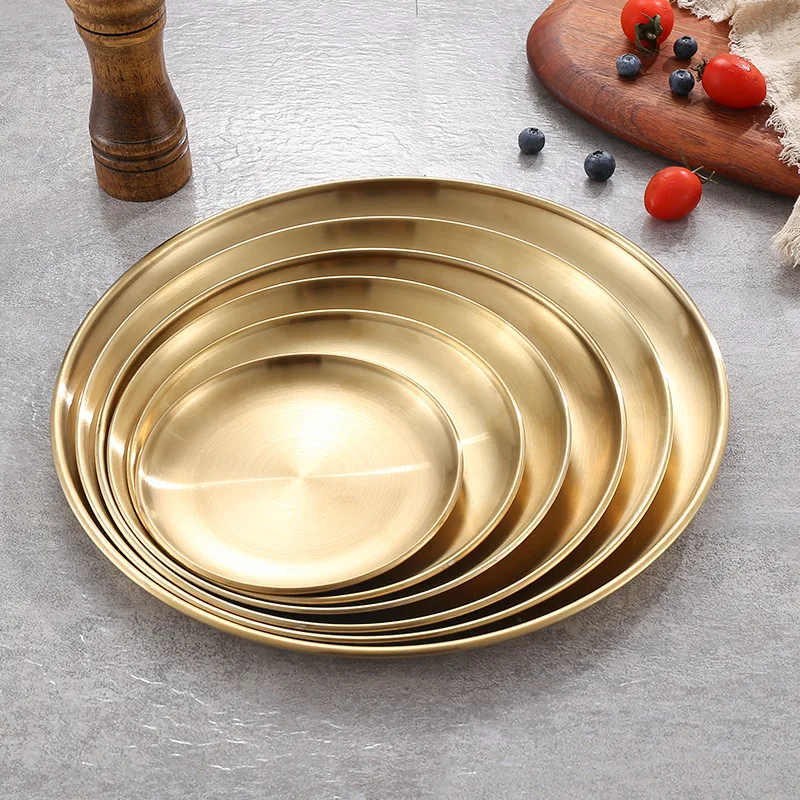 

Dishwasher safety Reusable metal stainless steel dinner plates set wholesaleTableware Plates Dishes food serving Plate, Silver/golden