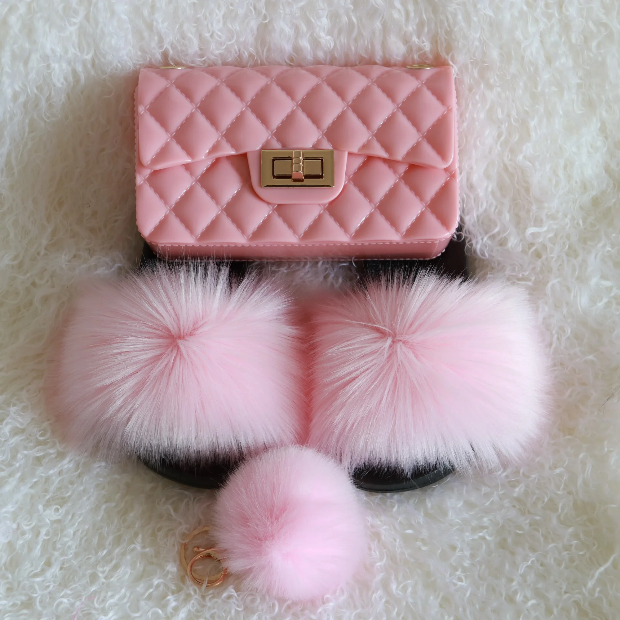 

fur slides kid vendor slides and purse set