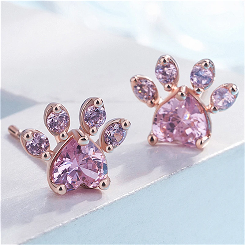 

Hot Sale Fashion Footprint Pink Crystal Zircon White Gold Plated Earrings Hot Sale In Europe And America